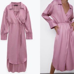 Zara Satin Pink Midi Wrap Dress S